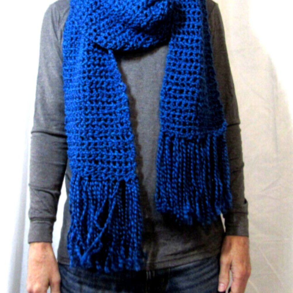 True Blue Scarf 139"x8" Extra Long Wide Chunky Handmade Crochet Knit Muffler NWT